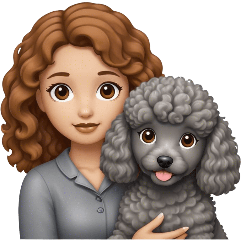 A girl with caramel brown hair holding a grey poodle emoji