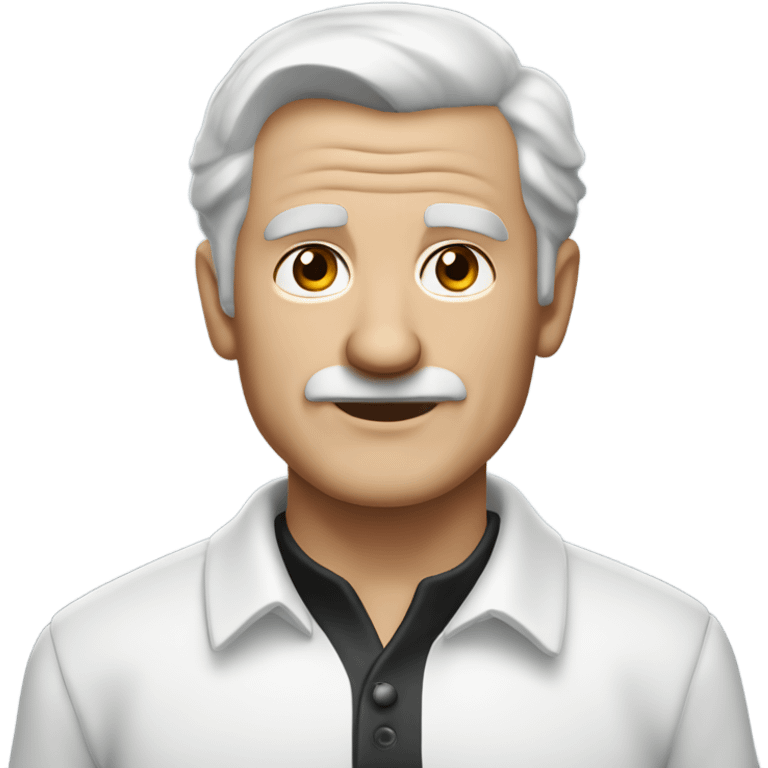 old english man, grey hair, no facial hair. wearing a white smart polo shirt with black buttons. emoji