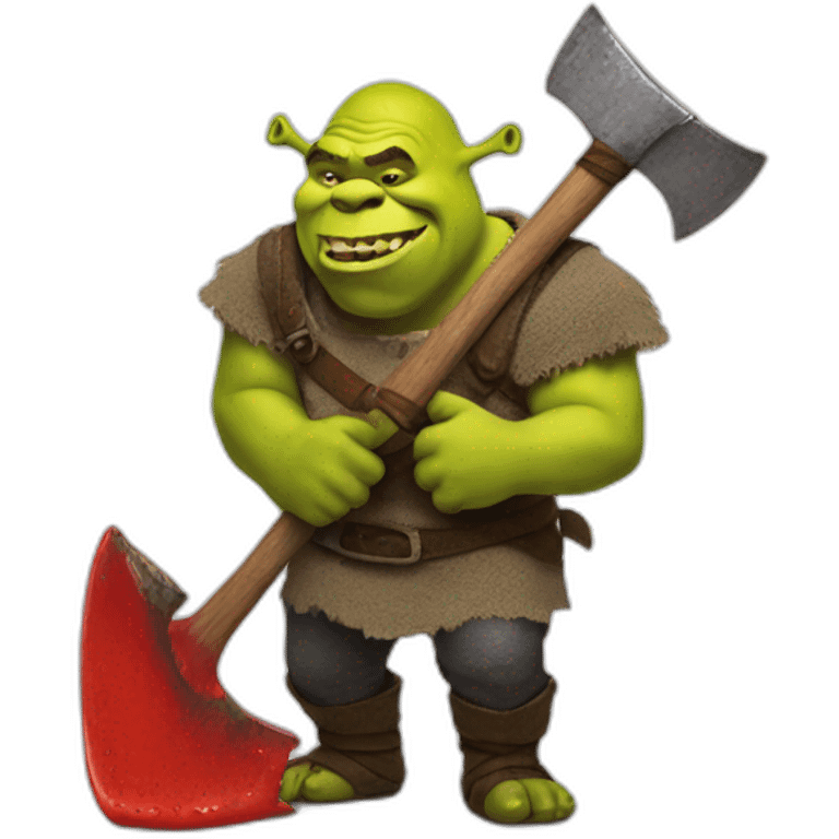 Shrek holding a axe with red slime dipping of it emoji