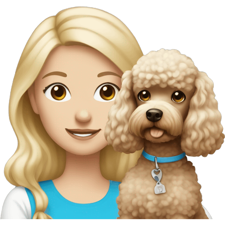 Blonde girl with blue eyes holding a brown and white poodle  emoji