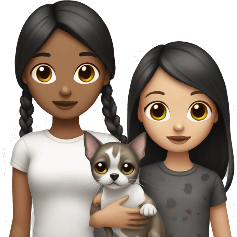 girl with dark brown hair holding a grey and black tabby cat and a white with black spots Chihuahua  emoji