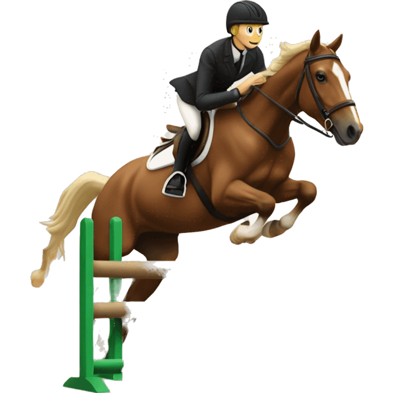 Brown horse jumping over jump with blond rider emoji