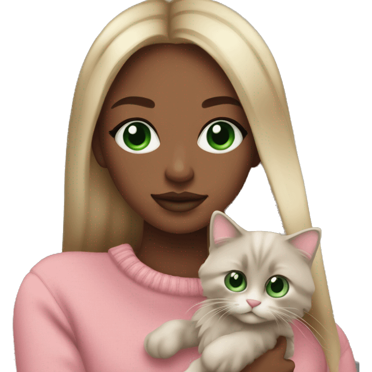 Dark blond girl, Green eyes, brown skin, long lashes, big rosé lips, pink sweater, holding ragdoll grey in arms emoji