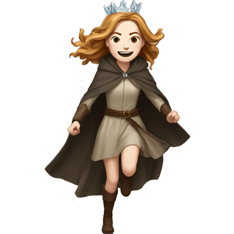 Emma Stone running, with a large stride and arms outstretched, wearing an icicle crown and winter cloak, long golden brown hair emoji