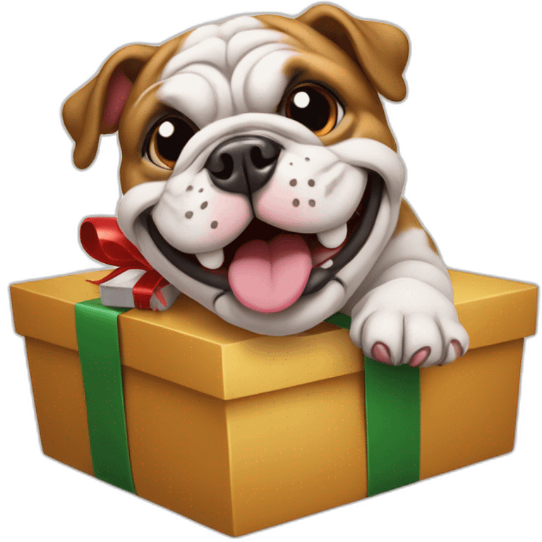 Smiling bulldog on a Christmas present (very cute)  emoji