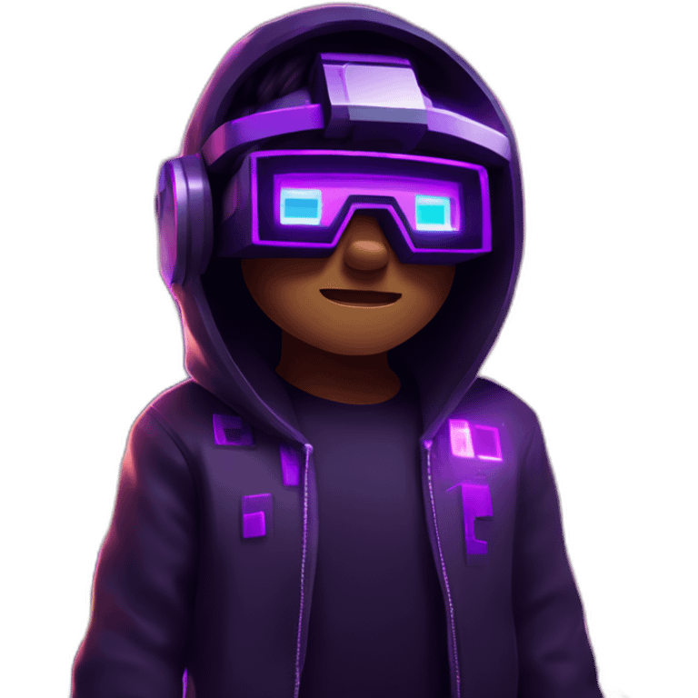 Minecraft hero wearing a black hoodie with "OMG" letters on it and VR headset in a cyberpunk VR environment with violet neon lighting. emoji