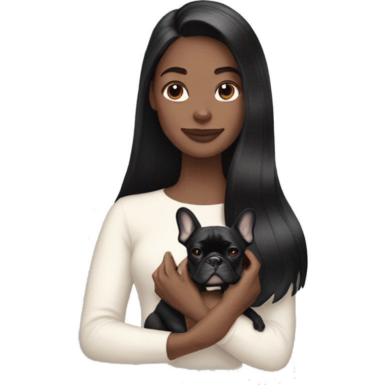  white girl with long black hair holding cream colored french bulldog  emoji