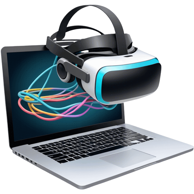 VR headset lying next to a laptop, connected by wires. On the laptop screen a VR/AR modeling program is opened. Floating 3D models or virtual objects. Modern, tech-inspired colors. No emojis or smiley faces. Transparent background. emoji