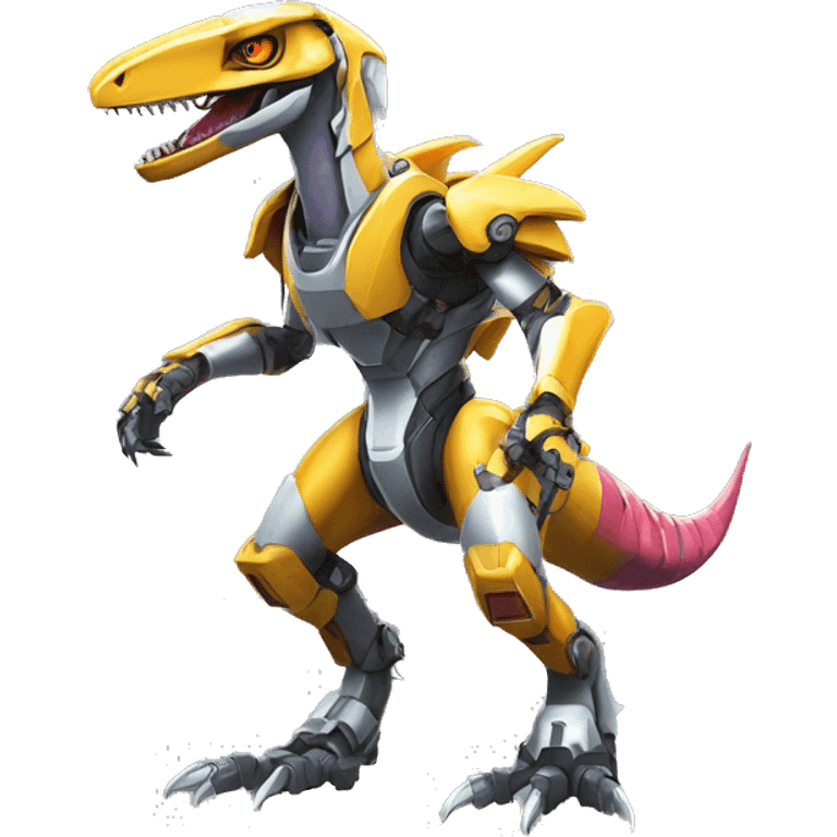 Colorful Edgy Greymon-Velociraptor-Genesect-Fakémon-Pokémon wearing a with a futuristic helmet And Mecha-suit Full Body emoji