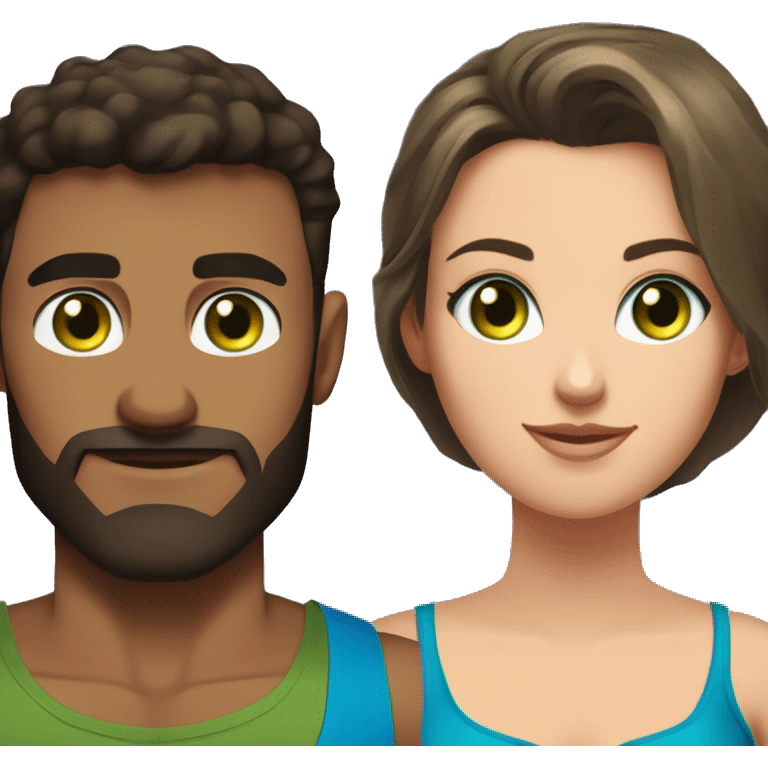 A pretty dark-haired woman with an olive green tank top with large breasts and green eyes next to a handsome muscular man with short brown hair with blue eyes and a blue muscle shirt emoji