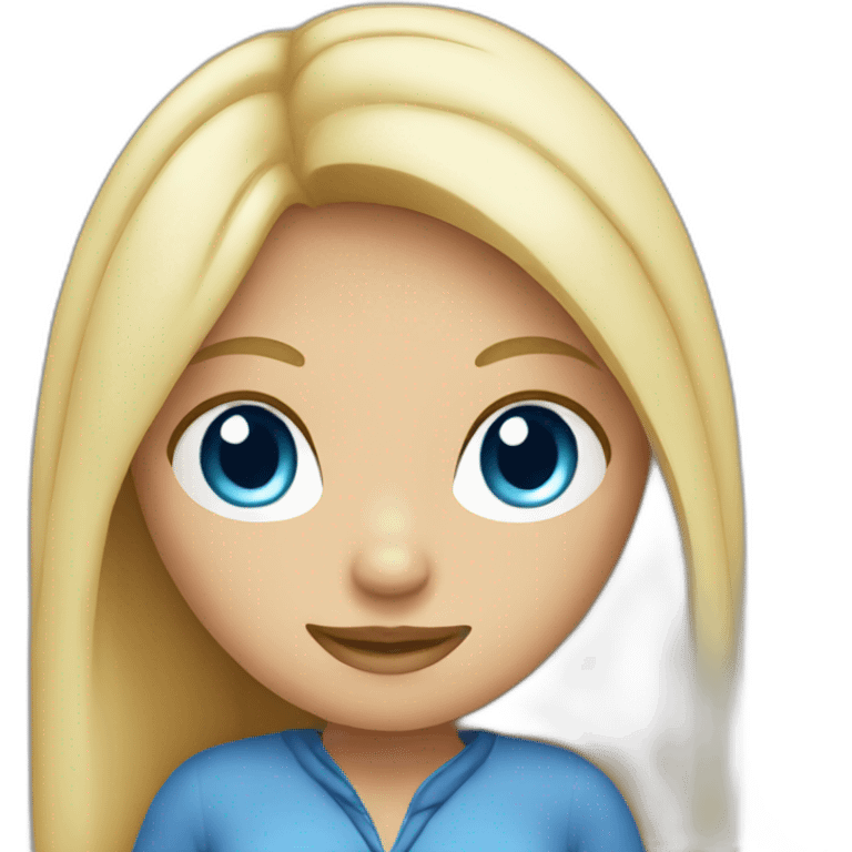 A blond girl with a blue eyes works with MacBook  emoji