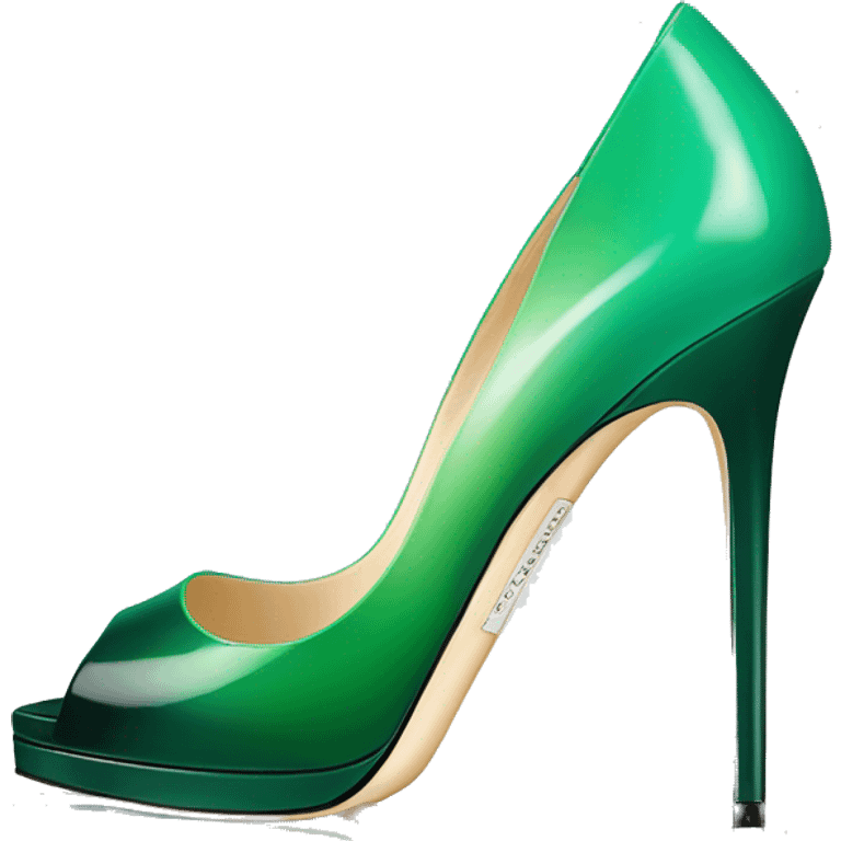 Realistic isolated top view of a pair of emerald green to mint green ombre Jimmy Choo peep toe stiletto high heel shoes.  emoji