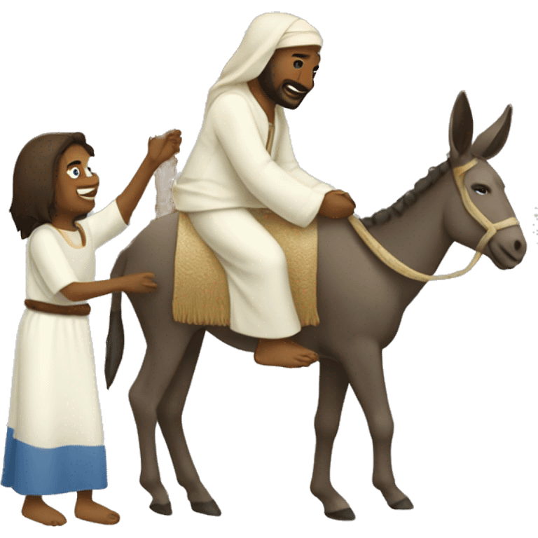 People greeting Jesus on a donkey with palm trees emoji