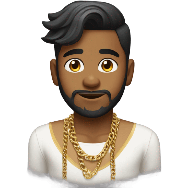 indian boy, with low taper fade and fluffy hair striahgt, , and a started beard, wearing gold chains, with earing.\ emoji