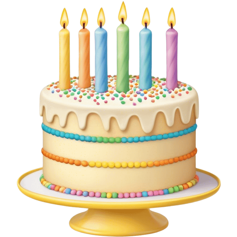  beige and white vanilla birthday cake with candles and rainbow sprinkles, on a yellow cake stand emoji