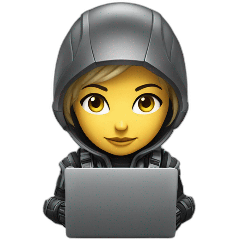 Girl developer behind his laptop with this style : Crytek Crysis Video game with nanosuit character hacker themed character emoji