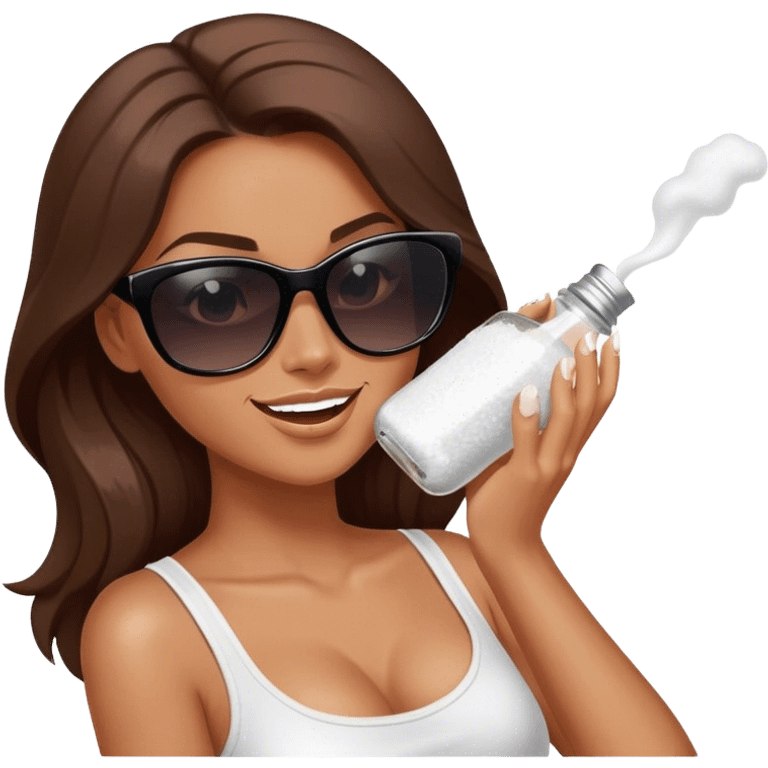 sassy woman with long brown hair, tan skin, and dark sunglasses holding a salt shaker filled with white table salt. She is shaking and sprinkling the salt. She is smirking.  emoji