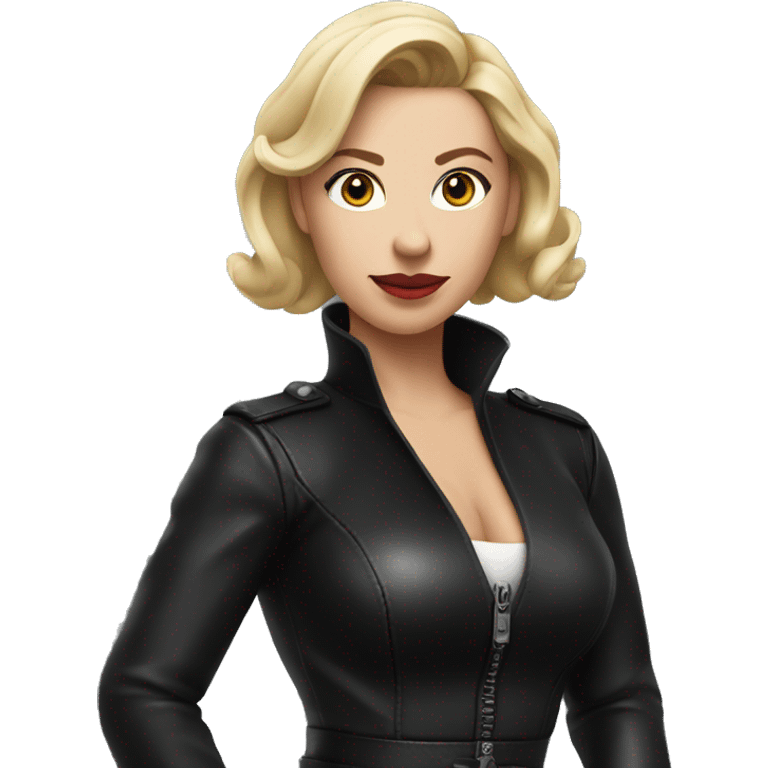 sacarlett johansson in black leather dress  pointing forward emoji