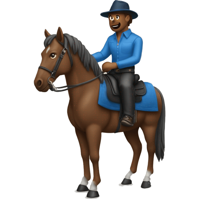 create an emoji of a man wearing a blue clothes on top of a brown horse. just like the cover of bad bunhos álbum "nadei sabe lo que va pasar manana" emoji