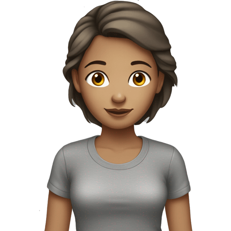 Girl with brown hair, brown eyes and freckles, wearing a gray t-shirt  emoji