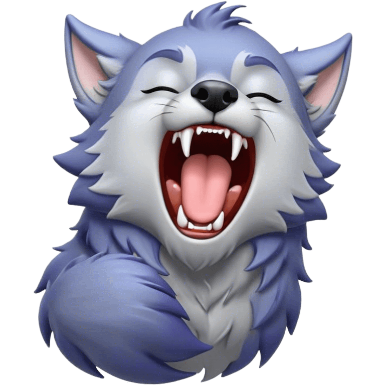 Cinematic Cute Yawning Werewolf Portrait Emoji, with a cuddly, miniature lupine form in soft moonlit grays and silvers, head leaning back in a big, adorable yawn that reveals a few fuzzy teeth, simplified yet irresistibly charming, highly detailed with a soft glowing outline that captures the drowsy, playful essence of a werewolf mid-nap! emoji