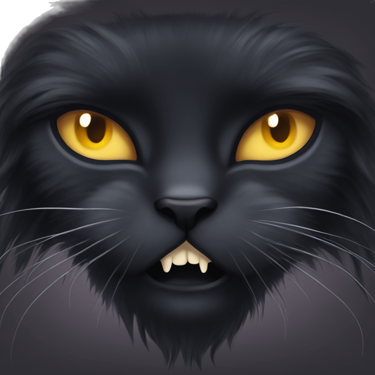 Long haired black cat with fangs showing emoji