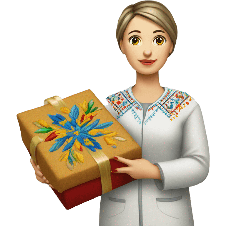 A female teacher in Ukrainian embroidery holds a gift in her hand emoji