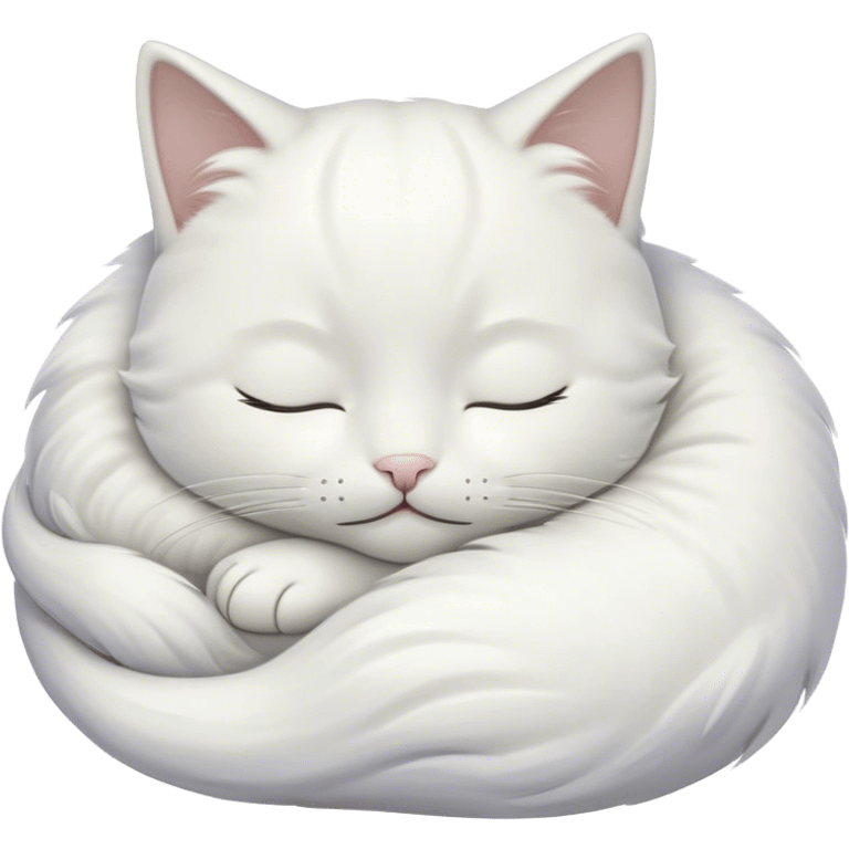 Meme-Worthy Cute Sleeping White Cat Portrait Emoji, Head peacefully tilted with a tender, contented smile and eyes gently closed in serene slumber, featuring a pristine white fur with subtle, delicate silver accents, simplified yet irresistibly adorable, highly detailed, glowing with a soft, drowsy radiance, high shine, exuding calm, heartwarming charm, styled with a gentle, soft glowing outline, capturing the essence of a sleeping white cat that seems destined to become the next viral icon of adorable repose! emoji