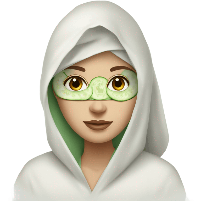 White girl with Brown hair and blue eyes wears a Green clay colored skincare textured mask and puts on cucumbers around her eyes while She relaxes in her white Robe emoji