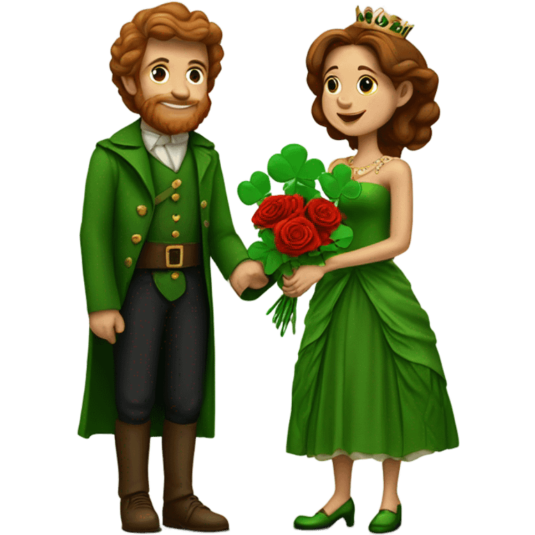 A little leprechaun giving red roses and clovers to a much taller brown haired queen emoji