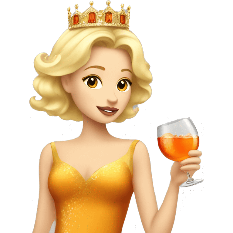 beautiful blond princess with crown in a golden dress drinking aperol emoji