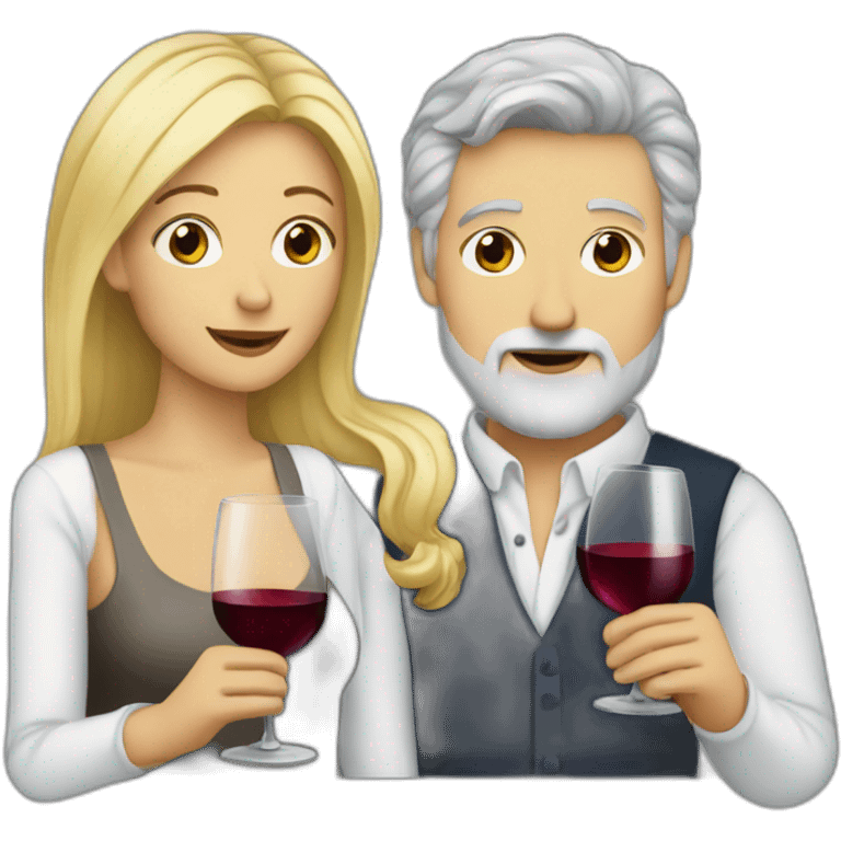 blonde woman and grey haired man with beard drinking wine emoji