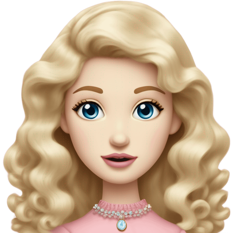 girl blonde hair pale skin blue eyes. Pink lips blush skinny nose siren eyes (model face) (but not too much). Vintage blowout with long hair not curly.  light pink dress, puffed sleeves, dainty choker necklace (think Versailles but not too much).  emoji