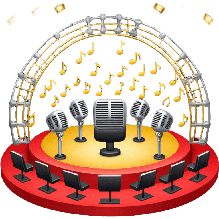 Create a vibrant and dynamic emoji that represents choral vocal performance. The design should feature 10 vintage stage microphones arranged in a semi-circle on a concert stage, symbolizing a vocal group or choir. Add musical notes flowing around the microphones to represent harmony and unity in the performance. Include concert lighting and a celebratory atmosphere to convey the excitement of live music. Use bright, bold colors like red, gold, and silver to emphasize the energy and glamour of the stage. The background should be transparent. emoji