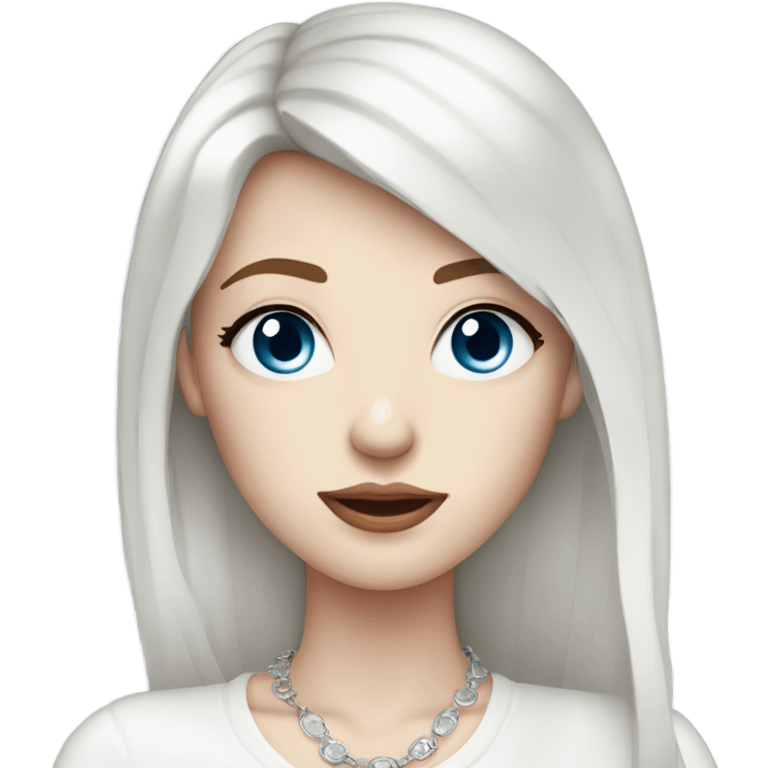 woman with pale skin, blue eyes and long dark red hair with layers and fringe bangs, wearing a white top and silver jewellery emoji