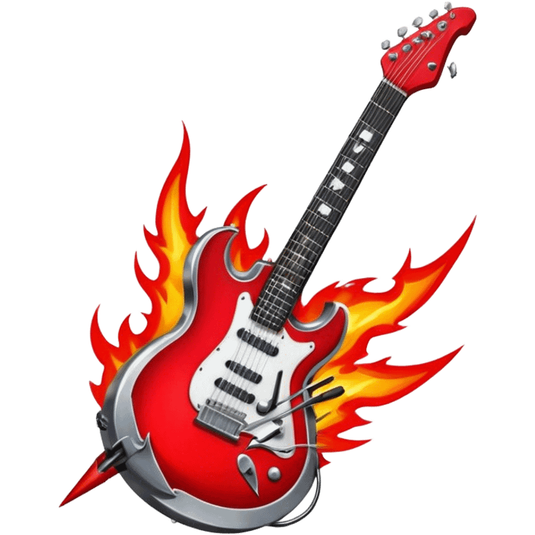 Create a bold and powerful emoji representing rock vocal performance in a humanless collage. The design should feature a vintage microphone at the center, surrounded by a heavy, aggressive hardcore electric guitar with sharp, jagged edges. Include crossed drumsticks behind the guitar, symbolizing the intense rhythm of rock music. Add fiery elements like flames or lightning bolts to enhance the raw energy of the design. Use dark, bold colors like black, red, and silver, with metallic or chrome accents to reflect the rebellious, hard-hitting nature of rock. The background should be transparent. emoji