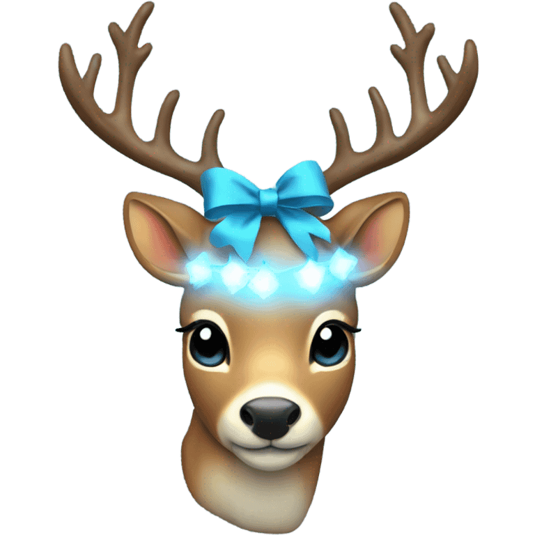 Deer with 8 warm white lights on antlers  blue bow  emoji