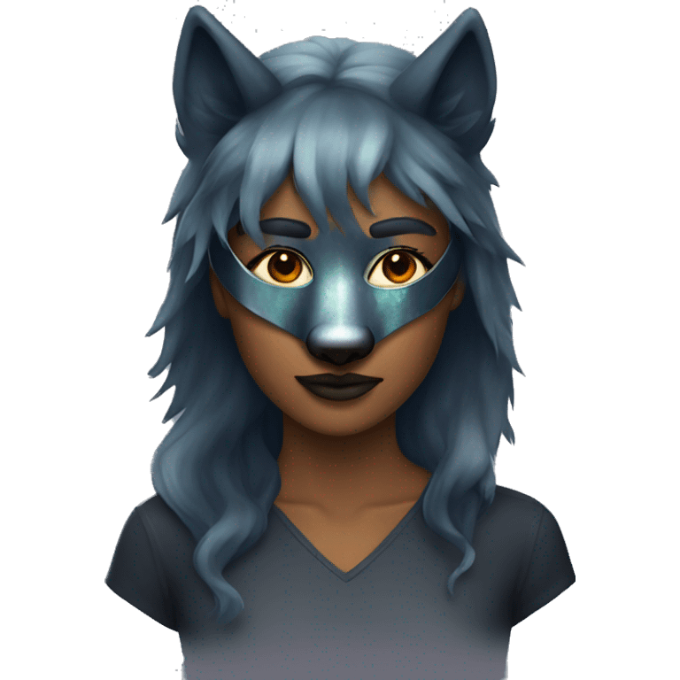 Woman wearing Dark iridescent wolf mask emoji