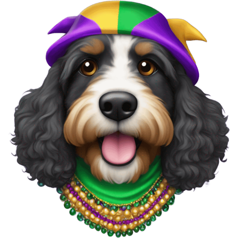 Bernedoodle dressed for Mardi Gras emoji