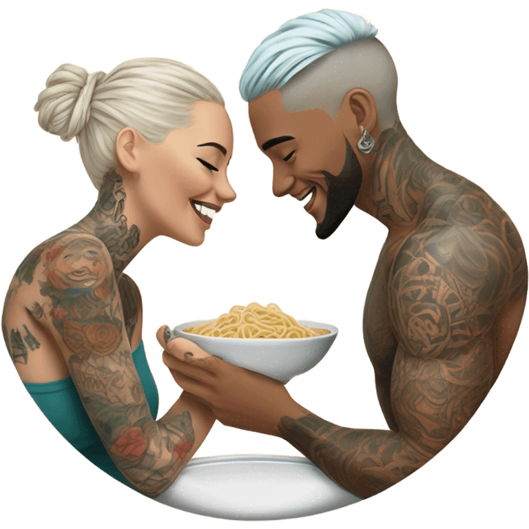 Romantic noodle date for beautiful tattooed couple emoji