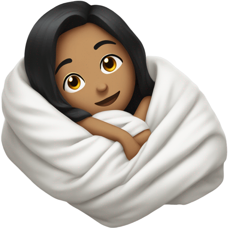 Woman with black hair  laying down cozy in a white blanket  emoji