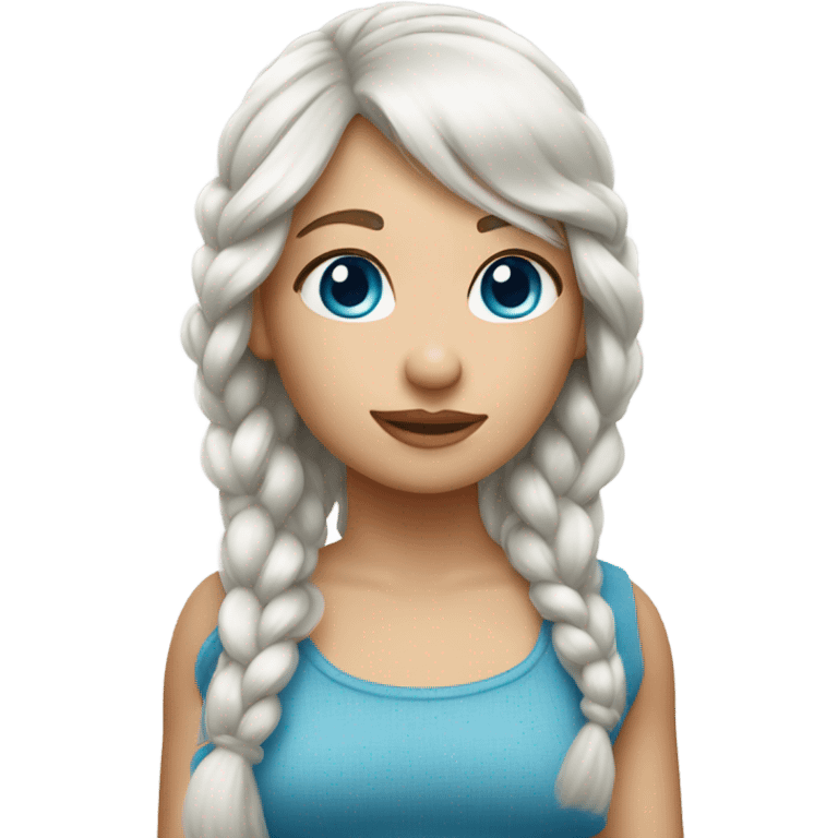 The girl with white hair with bangs hangs over her right shoulder with a braided hair and has a pair of blue eyes. emoji