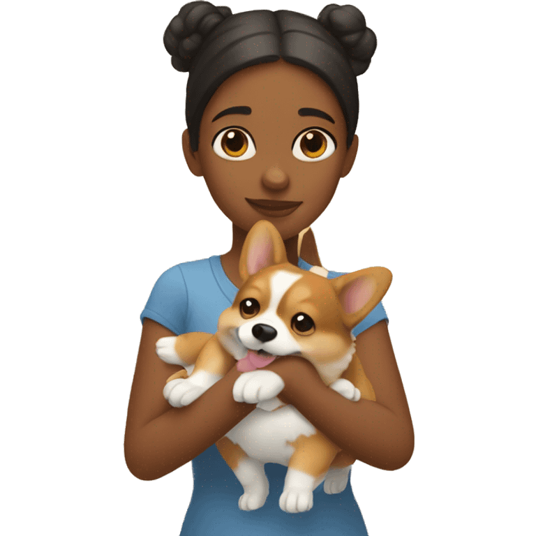 a girl holds a corgi in her hands emoji