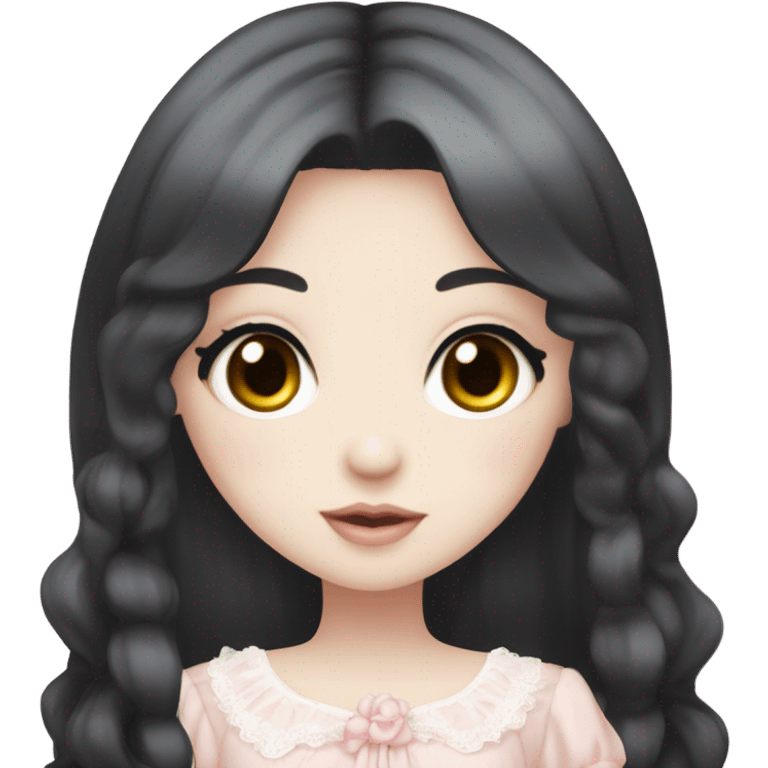 Pale pink eyes, pale skin, long black hair, long eyelashes, slim frame, light pink Lolita gyaru dress emoji