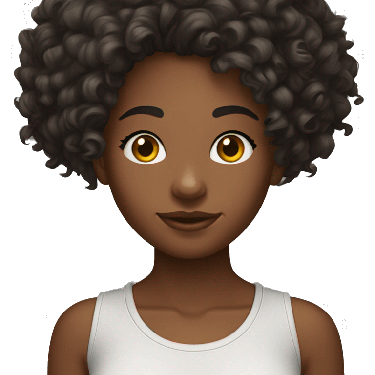 A head and shoulders shot of a 18 year old Martinique woman, with curly 4a dark brown hair,   with dark brown eyes wearing a t-shirt. emoji