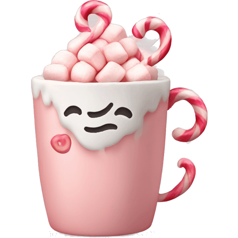 Light pink hot coco cup with marshmallow and candy cane  emoji