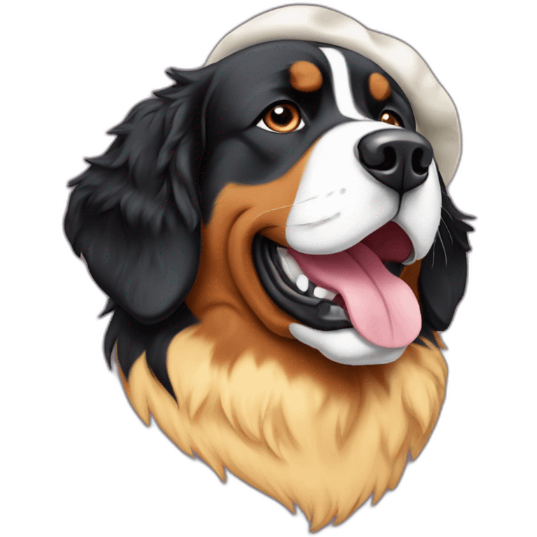 A Bernese mountain dog wearing a cheese head hat emoji