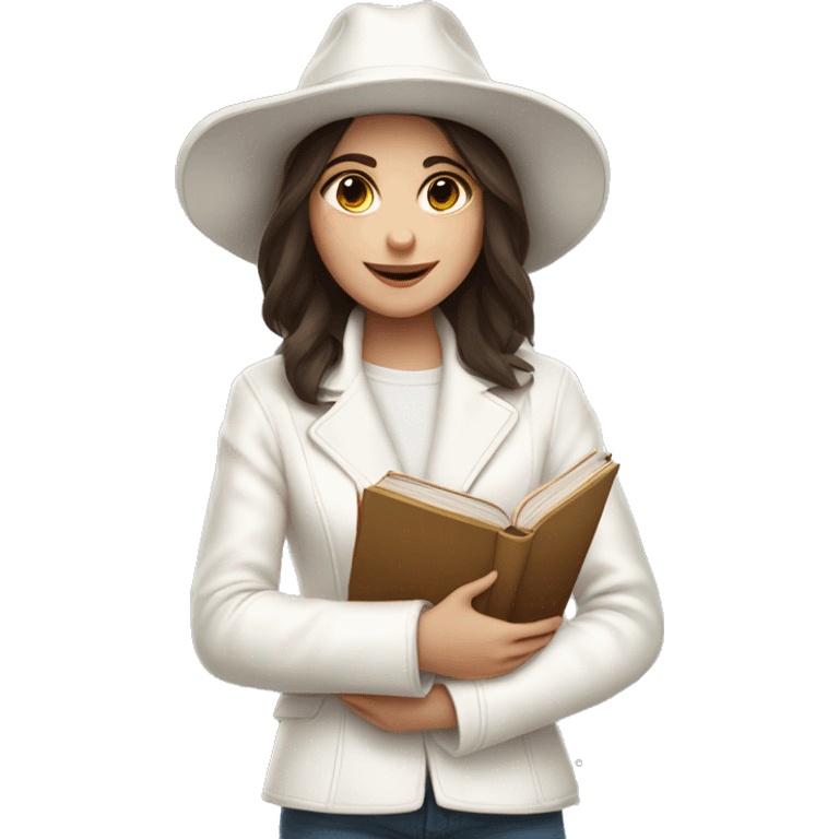 brunette girl in a white jacket in a white hat hugs a book emoji