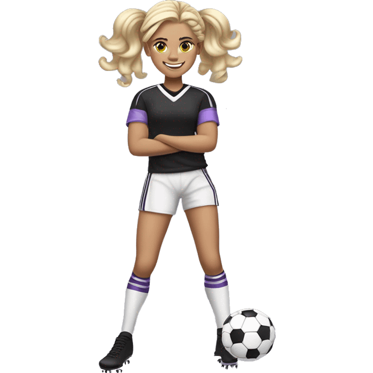 12 YEAR OLD GIRL, FOOTBALL PLAYER, BLONDE, LONG HAIR WITH CURLERS AND HAIR UP, KICKING THE BALL, SMILING, WHITE COMPLEXION, BLACK T-SHIRT AND LILAC DETAILS, BUT WITHOUT STRIPES emoji