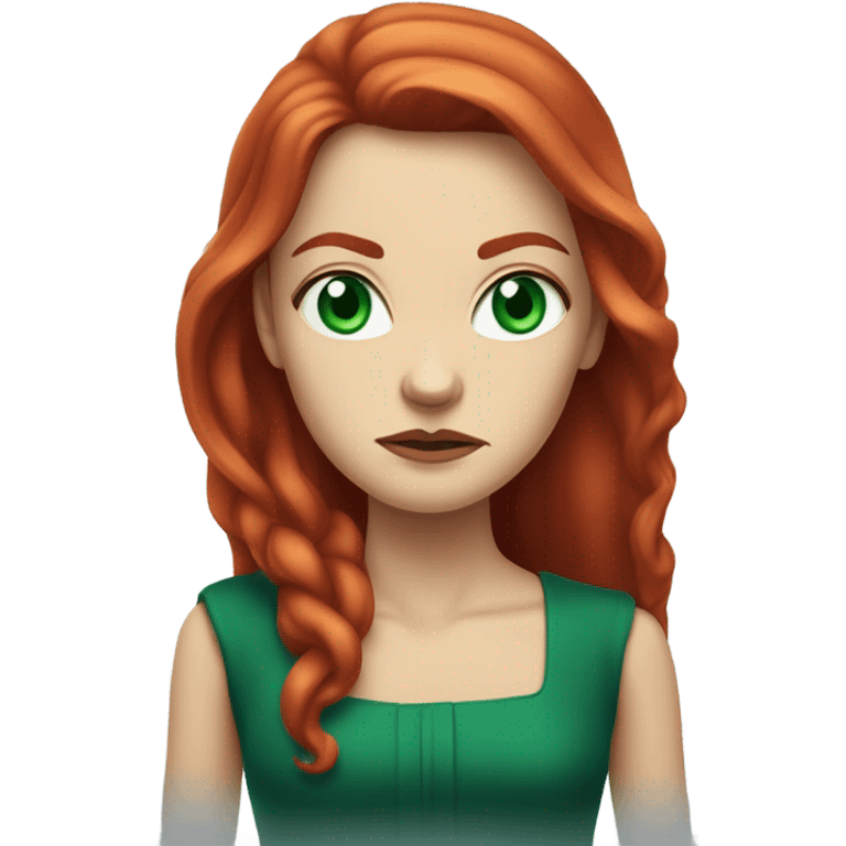 Rich woman, red long hair,  pale-skin, emerald blue-green-eyes,  scowling, very small nose, glaring, angry emoji